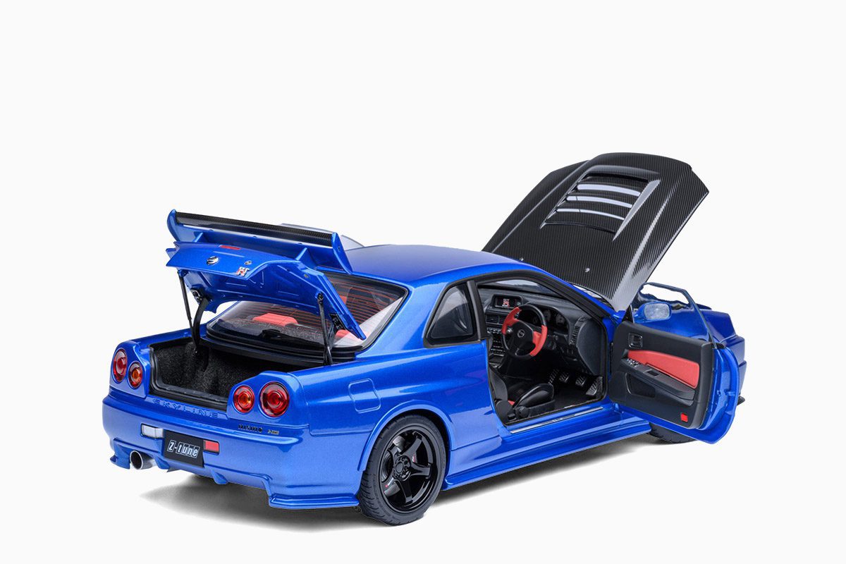 Nissan Nismo R34 GT-R Z-tune Bayside Blue Carbon Bonnet 1:18 by Autoart